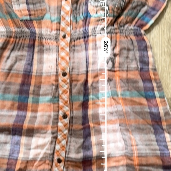 Vintage y2k Orange Plaid Button Down Peplum Top with Grunge Vibe Bling - Picture 6 of 8